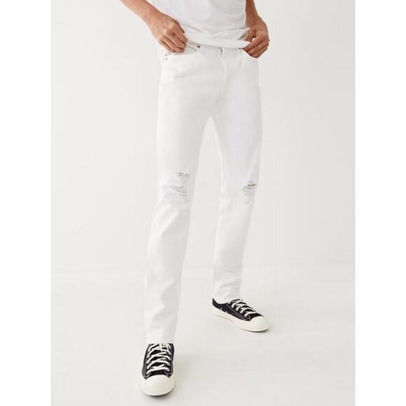 True Religion Men's Geno Renegade Distressed Ripped Relaxed Slim Fit White Jeans